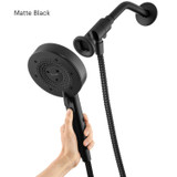 Brondell Yuba Merritt 5-Setting Handshower with hand placing the Matte Black HaloNetic Handshower back on the Double Docking System