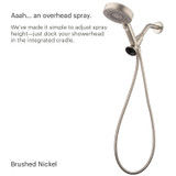 Brondell Nebia  Yuba 5-Setting Handshower with HaloNetic Double Docking System in brushed nickel, features simple adjustable spray height with two different cradle options.