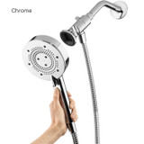 Brondell Nebia Yuba 5-Setting Handshower with hand placing the chrome HaloNetic Handshower back on the Double Docking System