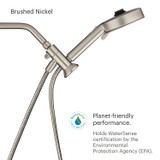 Brondell Nebia  Yuba 5-Setting Handshower with HaloNetic Double Docking System side view in brushed nickel.  Caption reads "Planet-friendly performance.  Holds WaterSense certification by the Environmental Protection Agency (EPA).