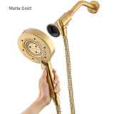 Brondell Nebia Yuba 5-Setting Handshower with hand placing the matte gold HaloNetic Handshower back on the Double Docking System