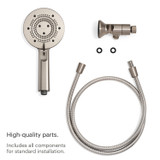 Brondell Nebia Yuba 5-Setting Handshower with HaloNetic Double Docking System in brushed nickel includes high quality metal parts.