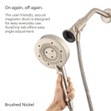 Brondell Nebia Yuba 5-Setting Handshower with HaloNetic Double Docking System in brushed nickel offers spray pause mode button and suregrip tab for easy angle adjustment.