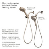 Nebia Merritt 5-Setting Handshower with HaloNetic Double Docking System lends flexibility for your needs.  Use the cradle for taller users or the easy magnetic dock.