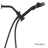 Nebia Merritt 5-Setting Handshower with HaloNetic Double Docking System in matte black installed, side view in cradle.