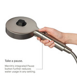 Nebia Merritt 5-Setting Handshower with HaloNetic Double Docking System in brushed nickel featuring pause mode button.