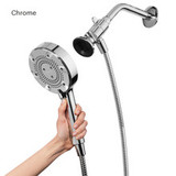 Nebia Merritt 5-Setting Handshower with HaloNetic Double Docking System in chrome, hand holding handshower.