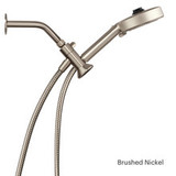 Nebia Merritt 5-Setting Handshower with HaloNetic Double Docking System in brushed nickel installed, side view in cradle