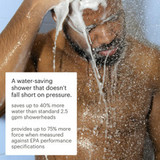 Man in shower, caption reads "A water saving shower that doesn't fall short on pressure."  Brondell Nebia Merritt saves up to 40% more water than standard 2.5 gpm showerheads and provides up to 75% more force when measured against EPA performance specifications.