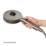 Nebia Merritt 5-Setting Handshower with HaloNetic Double Docking System in brushed nickel featuring pause mode button.
