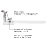 Labeled diagram of the MBH-10 Hand-held Bidet Holster with Integrated Shut Off, highlighting key features. The image notes that the bidet sprayer is sold separately. It emphasizes the easy on/off functionality and water pressure control directly at the holster, eliminating the need to operate the T-valve manually.