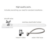 The MBH-10 Hand-held Bidet Holster with Integrated Shut Off is displayed with all included components for standard installation. The image features a stainless steel bidet holster, a precision-engineered metal T-valve, a shutoff valve for water control, and a flexible water inlet hose. Each component is arranged clearly to showcase the product’s build quality, durable materials, and compatibility with most bathroom setups.