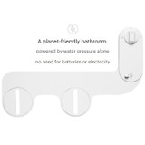 Eco-friendly bidet system powered solely by water pressure—no batteries or electricity required. Text overlay reads: 'A planet-friendly bathroom.'