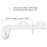Eco-friendly message promoting reduced toilet paper use to save water, trees, and energy. Includes product measurement: midline to edge of control is 10.63 inches.