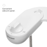 Close-up of Brondell bidet attachment with side arm panel featuring a control knob labeled Wash, Off, Nozzle Clean, and a lever above for easy spray adjustment.