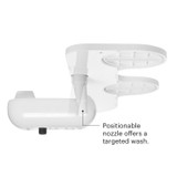 White bidet device with a positionable nozzle designed for a targeted wash. Text overlay reads: 'Positionable nozzle offers a targeted wash.'