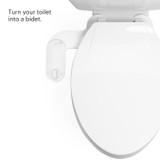 White toilet with a bidet attachment mounted under the seat; features a left-side control knob. Text overlay reads: 'Turn your toilet into a bidet.'