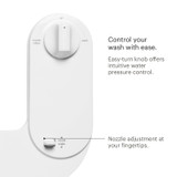 Close-up of bidet control panel featuring an easy-turn knob for water pressure and a slider for nozzle angle. Text overlay highlights intuitive wash control features.