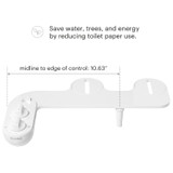 Bidet attachment with control knobs and nozzle. Text overlay reads: 'Save water, trees, and energy by reducing toilet paper use.' Includes 10.63” control width.