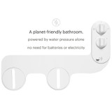 White bidet attachment with two control knobs and a lever. Text overlay reads: 'A planet-friendly bathroom. Powered by water pressure alone—no batteries or electricity.'