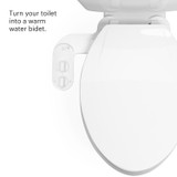 White toilet with PureSpa Advanced Warm Water Bidet Attachment featuring dual control knobs on the left. Text overlay reads: 'Turn your toilet into a warm water bidet.'