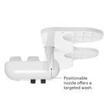 White bidet attachment with a positionable nozzle designed for a targeted wash. Text overlay reads: 'Positionable nozzle offers a targeted wash.'