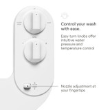 Close-up of PureSpa Advanced Warm Water Bidet Attachment control panel with three knobs for wash, temperature, and nozzle angle. Text highlights intuitive controls.