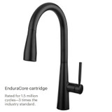 Jema Pull-Down Standard Kitchen Faucet in Matte Black shown with text highlighting its EnduraCore cartridge, rated for 1.5 million cycles—triple the industry standard for long-lasting durability.