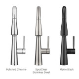 Jema Pull-Down Standard Kitchen Faucet shown in three finish options—Polished Chrome, SpotClear Stainless Steel, and Matte Black—highlighting its modern silhouette and customizable style for any kitchen.