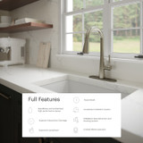 Jema Pull-Down Standard Kitchen Faucet installed in a bright modern kitchen, shown with a brushed finish and paired with a feature callout panel highlighting spray modes, hose retraction, and easy installation.