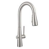 Brondell Jema Single Handle Touchless Pull-Down Kitchen Faucet in stainless steel, featuring a sleek modern arc design, hands-free sensor control, and a multifunction spray head for effortless use.