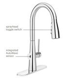Brondell Jema Touchless Kitchen Faucet in Polished Chrome shown with labeled features, including the sprayhead toggle switch and integrated AutoWave sensor for effortless touchless control and mode switching.
