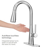 Brondell Jema Touchless Kitchen Faucet in Polished Chrome shown activating AutoWave technology as a hand passes by the sensor, turning water on and off with a simple, hygienic wave.  Integrated sensor turns water on and off with the wave of a hand.