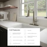 Brondell Jema Single Handle Touchless Kitchen Faucet displayed in three finishes—Polished Chrome, SpotClear Stainless Steel, and Matte Black—highlighting sleek modern design and style options.  Listed full features:  RapidRinse and GentleClean high-performance sprays, AutoWave Touchless technology, Superior EnduraCore Cartridge, Limited Lifetime warranty, Pause Mode, Accelerate Installation System, GlideBack hose retraction and docking system, ergonomic sprayhead, 5-year sensor warranty.