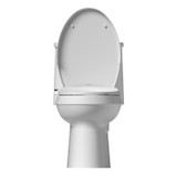 Front view of the Swash CL150 non-electric bidet toilet seat installed on a white toilet with the lid raised, showing the contoured seat opening, wrap-over lid shape, and discreet side-mounted control.