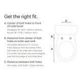 “Sizing guide graphic for the Swash CL150 non-electric bidet toilet seat, illustrating how to measure toilet fit, including bolt hole spacing, distance to tank, and bowl length for round and elongated toilets.