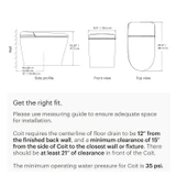 Dimension and clearance diagram for the Coit Integrated Smart Bidet Toilet showing side, front, and top views with measurements, required 12-inch rough-in, minimum clearances, and installation fit guidelines.