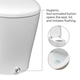 Close-up of the Coit Integrated Smart Bidet Toilet highlighting hygienic foot-activated button that opens the seat and lid and initiates flushing, reducing hand contact for a cleaner, more convenient bathroom experience.
