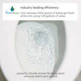 Coit Integrated Smart Bidet Toilet demonstrating powerful double-stream flushing with EPA WaterSense efficiency, removing up to 1000 grams of waste per flush while using only 1.28 gallons of water.