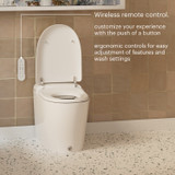 Coit Integrated Smart Bidet Toilet shown with wireless wall-mounted remote control, allowing users to customize wash settings and features with ergonomic buttons for convenient, personalized comfort.