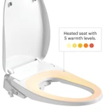 Brondell Swash CL2800 Luxury Bidet Toilet Seat features heated seat with 5 warmth levels.  Seat is open facing right with different colored shades of yellow/orange/red to denote warmth levels.