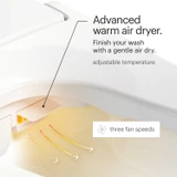 Brondell Swash CL2800 Luxury Bidet Toilet Seat close view of warm air dryer with flap open and arrows denoting air flow.  Copy: Advanced warm air dryer.  Finish your wash with a gentle air dry.  adjustable temperature.  three fan speeds.