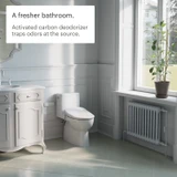 Brondell Swash CL2800 Luxury Bidet Toilet Seat with Remote Control installed in white bathroom with romantic white mirror and vanity.  A green accent plant sits on window sill.  Copy:  A fresher bathroom.  Activated carbon deodorizer traps odors at the source.