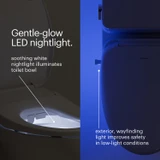 Brondell Swash CL2800 Luxury Bidet Toilet Seat gentle-glow LED nightlight.  Side by side view of soothing white nightlight that illuminates toilet bowl with lid open.  Right side view of lid closed highlighting exterior, wayfinding light improves safety in low-light conditions.