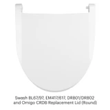 White round replacement lid for Swash BL67/97, EM417/617, DR801/DR802 and Omigo CRDB bidet toilet seats, featuring a smooth surface and rear hinges.