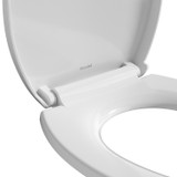Close-up of the white Brondell Halloway Premium Toilet Seat with the lid raised, showing the seat, hinge assembly, and Brondell logo.