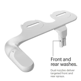 PureSpa Ergonomic Bidet Attachment with Dual Nozzles, showing separate nozzles for targeted front and rear washes.