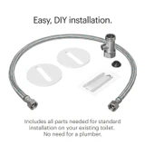 PureSpa bidet attachment installation kit with braided hose, T-adapter, mounting discs, and accessories for standard DIY installation without a plumber.