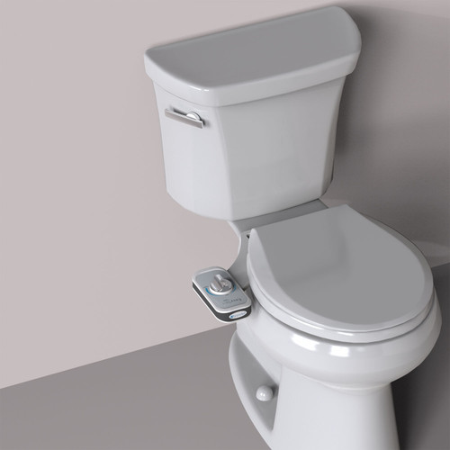 Brondell EasySpa essential bidet attachment with single nozzle in front of a brown background