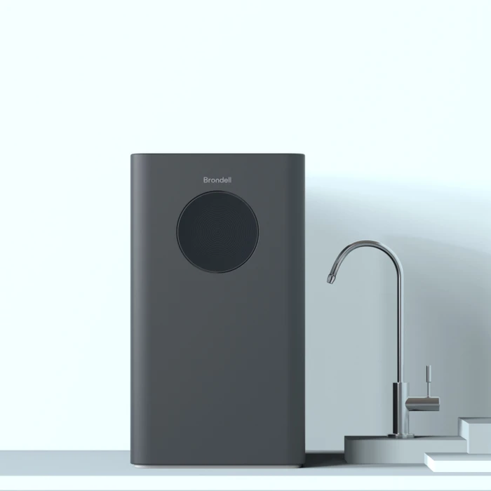 Brondell Circle RC100 Reverse Osmosis Water Filtration System displayed with its dedicated filtered water faucet in a clean, modern product setting.